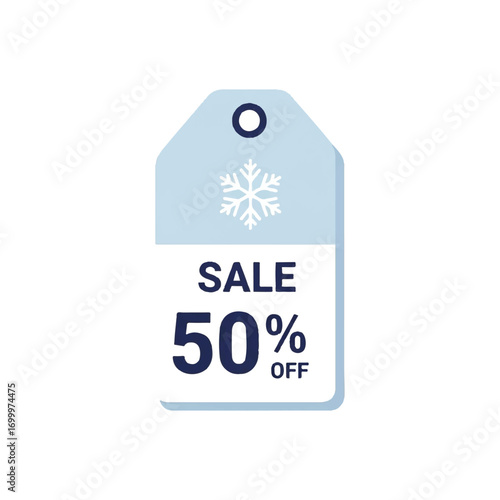 Vector illustration of a winter sale tag with a 50 percent off discount, isolated on a white background for holiday shopping and promotion