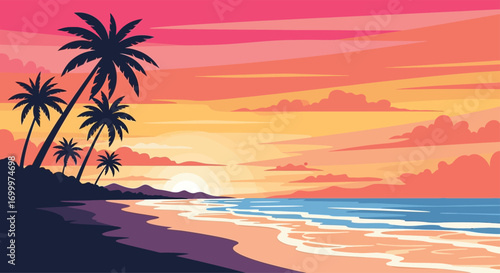Vibrant sunset over a tropical beach with palm trees.