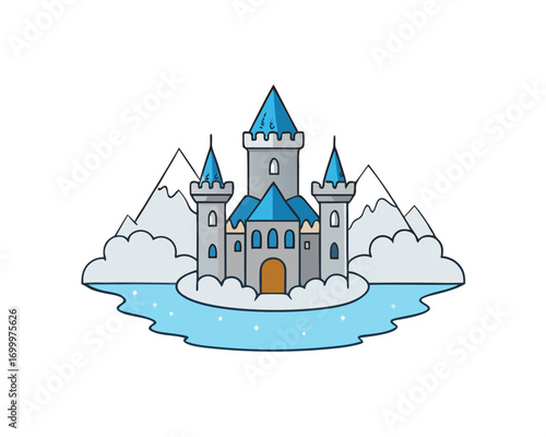 Medieval castle covered in snow,  magical winter vector illustration