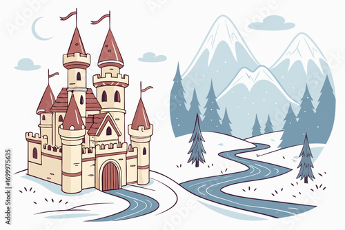 Medieval castle covered in snow,  magical winter vector illustration