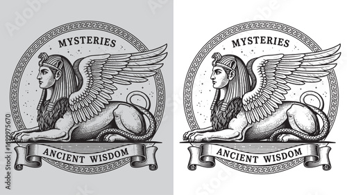 Egyptian Sphinx with Ancient Wisdom and Greek Border