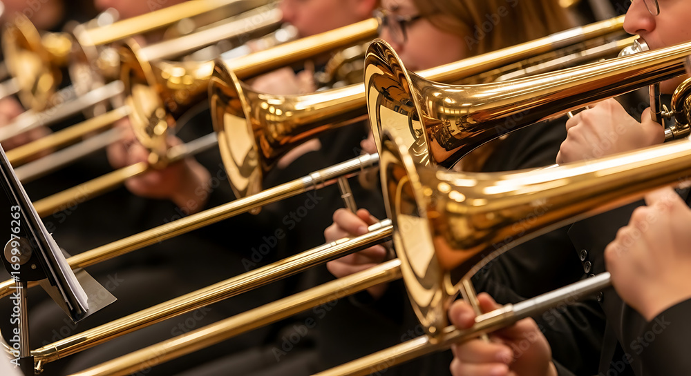 Obraz premium Brass Symphony A Close-Up View of Trombone Players Performing in a Concert Hall