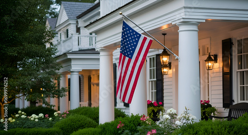 American flag waving proudly from the porch of a classic white colonial house surrounded by lush green gardens, representing patriotism and traditional values.