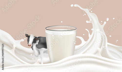 Milk liquid splashing isolated on solid color background. Realistic vector in 3D elements. Food and Drink concepts.