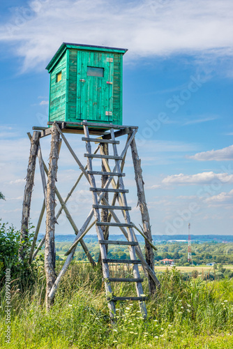 Wooden hunting blind standing in the forest, captured in natural light. A scenic, rustic landscape perfect for nature, hunting, and wildlife themes.