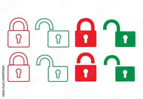 A collection of simple, flat icons depicting various padlock states (locked and unlocked).