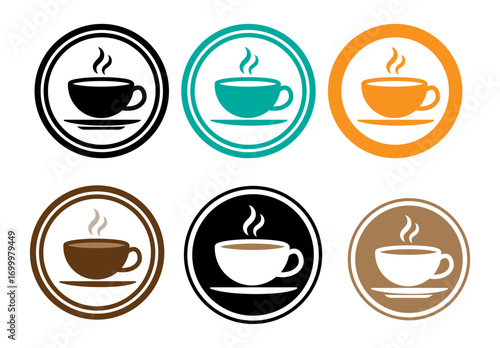 This graphic features six simple, stylized coffee cup icons set against a white background.