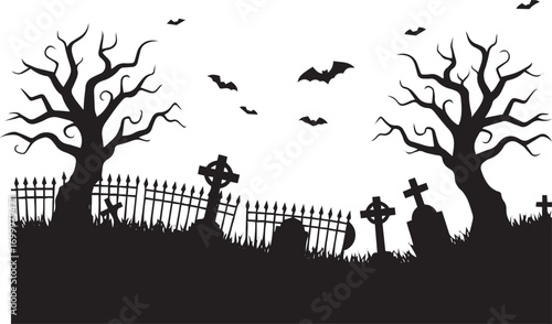 "Spooky Graveyard Silhouette with Bats and Twisted Trees – Halloween Horror Background"