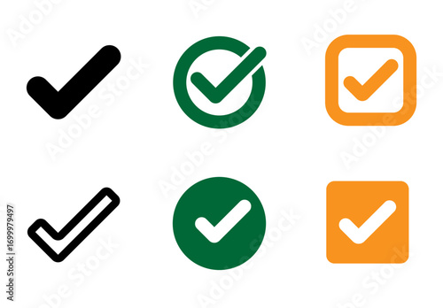 Set of four simple checkmark icons in various shapes and colors (black, green, orange).