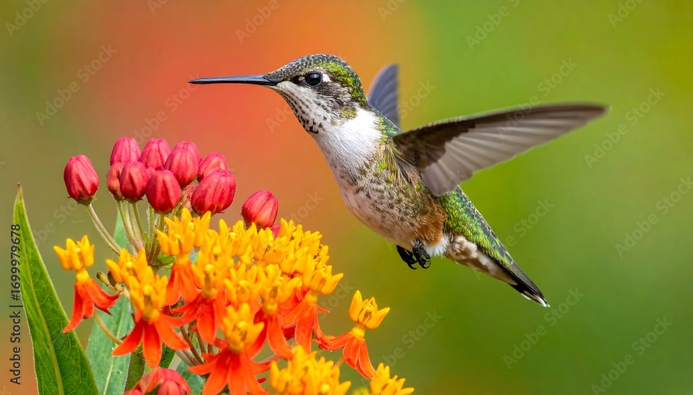 Obraz premium Vibrant hummingbird in flight, hovering near a cluster of colorful flowers, showcasing a beautiful display of nature's artistry.