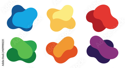 Six abstract colorful blobs, overlapping shapes.