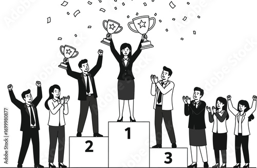 A group of business people celebrating on a podium with trophies and confetti falling from above
