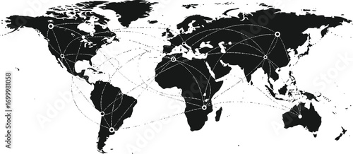 A black and white world map illustration with interconnected network lines and circular nodes connecting cities