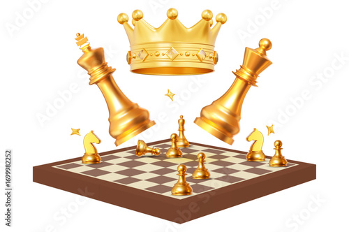 3d golden Crown with chess piece king, queen and chessboard with pawn, knight, bishop. Stock vector illustration on isolated background.