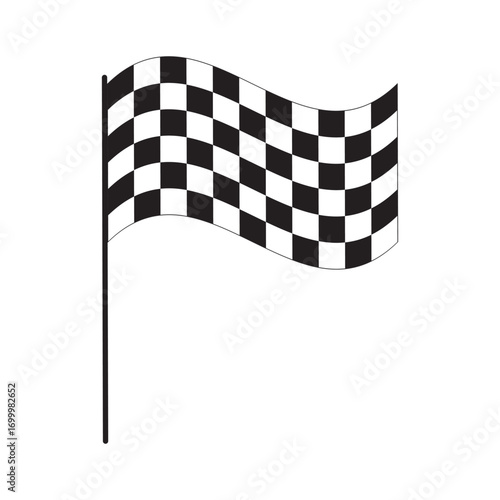 Winding race flag with chequered black and white print. Start or finish symbol on sport car competitions. Rally or motocross prop isolated on white background. Vector graphic illustration