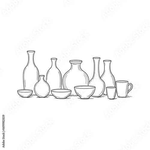 Hand drawn collection of various ceramic pottery vessels and bowls