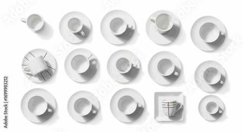 Minimalist Collection of White Ceramic Cups and Saucers Arranged on a Clean White Background for Product Presentation and Design Mockups