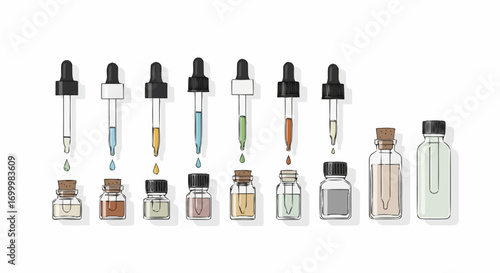 Illustration of colorful liquid drops falling from glass droppers into small bottles for aromatherapy or pharmaceutical usage, demonstrating scientific precision
