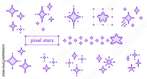Purple pixel y2k stars and sparkles icons on white bg. 8 bit game glitter mosaic shapes in space. Simple galaxy pattern set. Abstract celestial vector elements for nostalgic digital retro aesthetic