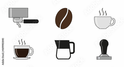 Minimalist Coffee Preparation Icons Set Depicting Espresso Machine Parts, Beans, and Finished Beverage. Ideal for Coffee Shop Branding and Menu Design.