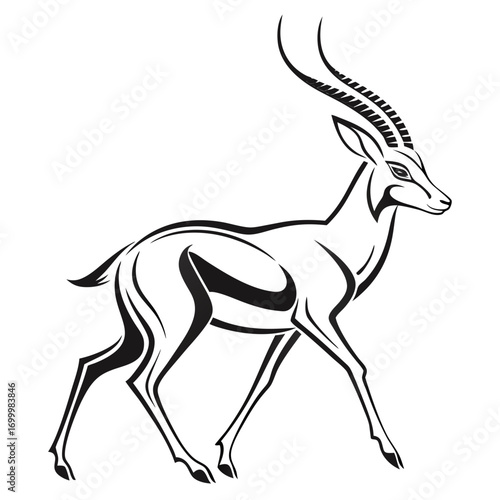 Stylized Gazelle Antelope Black White Illustration.