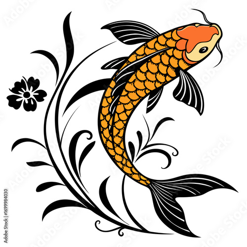 Stylized Orange Koi Fish with Elegant Floral Elements.