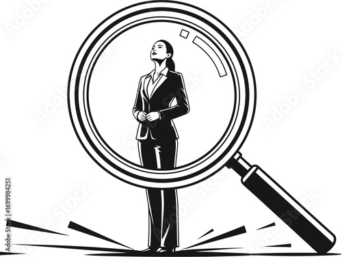 A businesswoman is standing inside a magnifying glass looking up in a black and white illustration