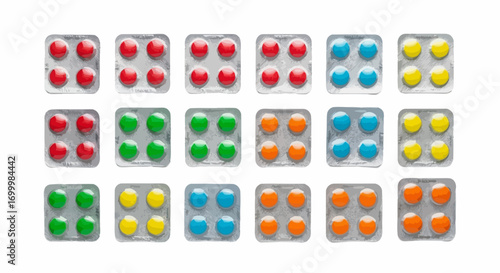 Colorful Tablet Collection in Blister Packs on White Backdrop, Ideal for Pharmaceutical Presentations, Medical Illustrations, or Healthcare Education Materials