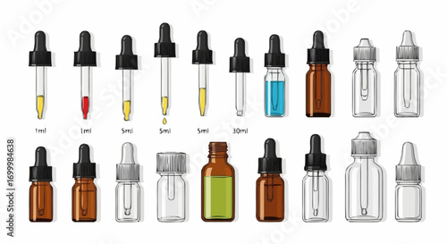 Collection of Realistic Dropper Bottles and Pipettes for Pharmaceutical, Cosmetic, and Essential Oil Packaging Mockups. Ideal for product display and advertising.