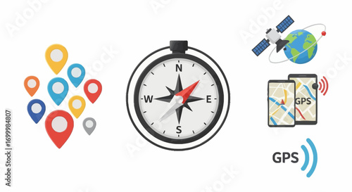 Navigation Concept Illustration Representing GPS Technology, Compass Guidance, and Location Markers for Mapping Applications and Travel Planning