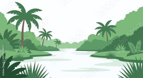 Illustration of a river flowing through a lush green jungle landscape.