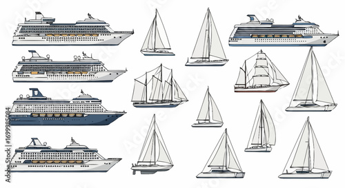 Diverse Collection of Cruise Ships and Sailboats Illustration Set for Nautical Designs and Travel Brochures Promoting Maritime Adventures
