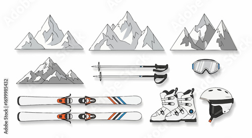 Winter Sports Equipment and Mountain Range Illustration for Outdoor Adventure and Skiing Promotion, Ideal for Winter Recreation and Travel Marketing