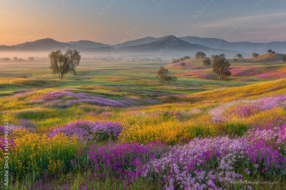 Fototapeta premium Colorful wildflowers blanket rolling hills at sunrise, with misty mountains and scattered trees in the background under a calm sky