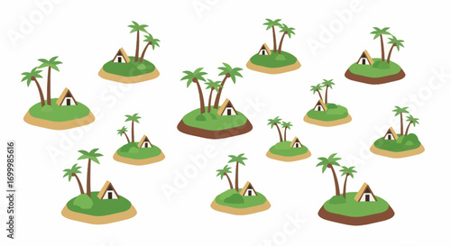 Whimsical Cartoon Islands with Palm Trees and Houses, Ideal for Children's Books, Animated Series, and Educational Resources.
