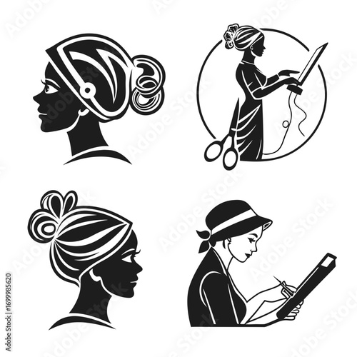 Collection of stylized female silhouettes engaged in creative activities