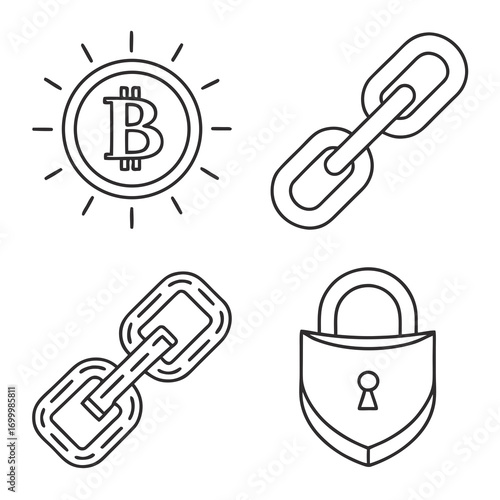 Bitcoin cryptocurrency security and blockchain technology icons