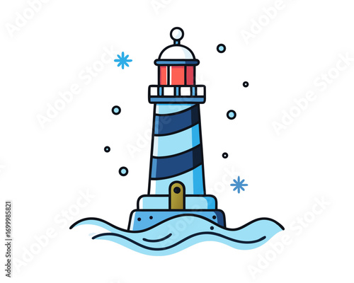 Lighthouse glowing in snowy night by frozen sea, waves and snowflakes,  vector illustration