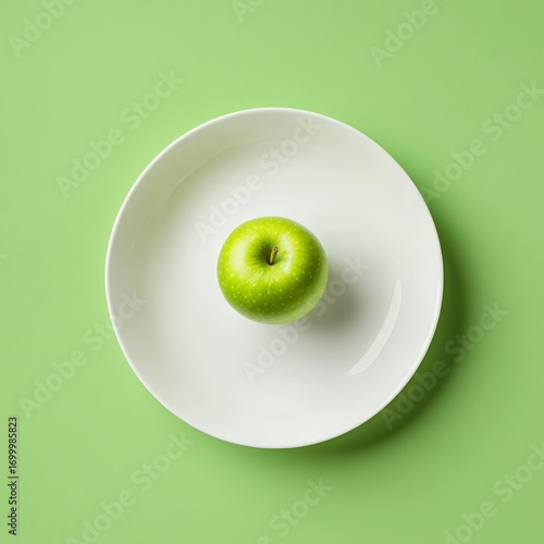 Minimal Green Apple on Flat White Plate, Apple Green Background