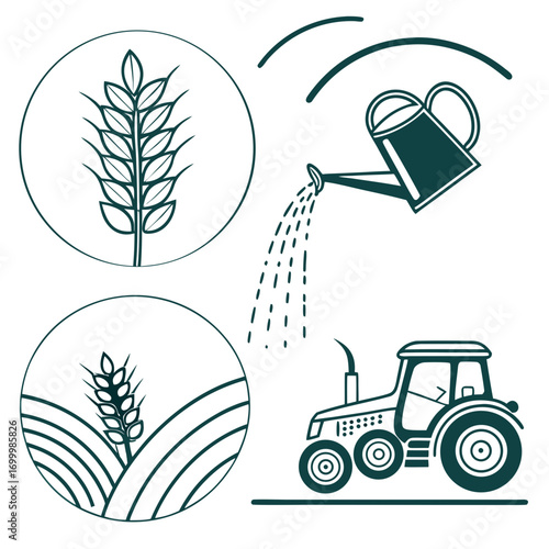 Agricultural icons representing growth irrigation and farming with a tractor