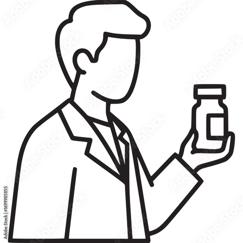 A doctor in a lab coat is holding a bottle of pills, isolated on white background this line art illustration depicts healthcare, medicine, and pharmaceutical concepts