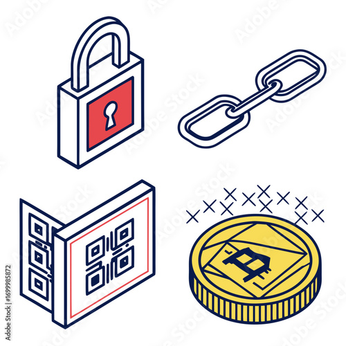 Digital security and cryptocurrency icons including lock qr code chain and bitcoin