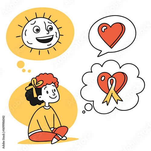 Child dreaming of sun and a heart with a ribbon