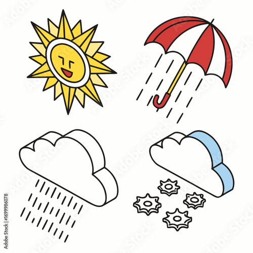Collection of weather icons including sun rain and snow