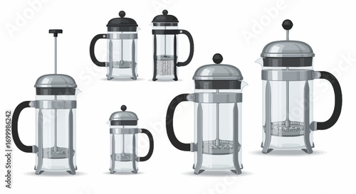 Collection of French Press Coffee Makers in Varying Sizes and Styles for Brewing Delicious Coffee and Tea at Home or Cafes. Ideal for Product Catalogs