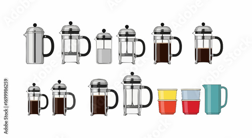 French Press Coffee Maker Collection in Various Stages of Brewing and Serving, Ideal for Coffee Preparation Guides and Cafe Menu Illustrations