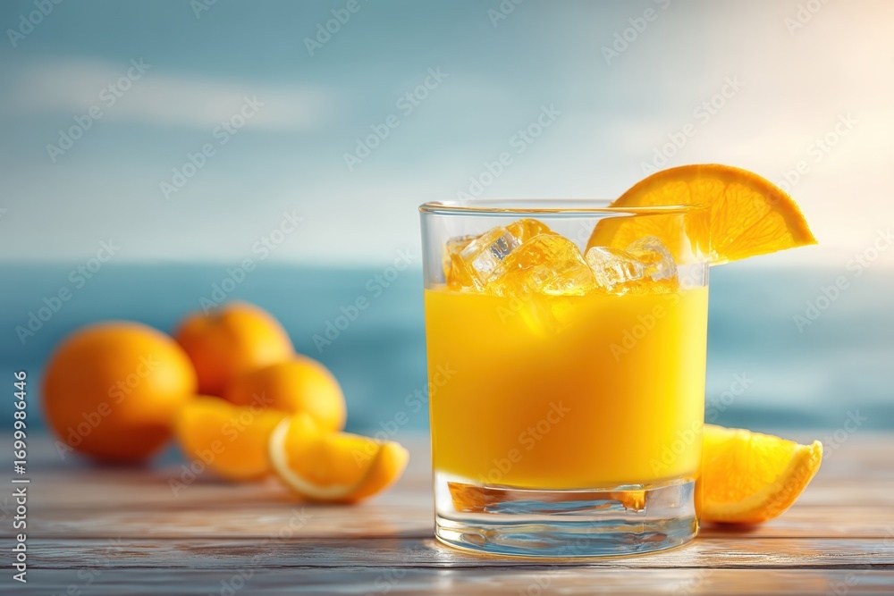 Fototapeta premium A refreshing glass of orange juice with ice and orange slices on a wooden table by the seaside in bright sunlight