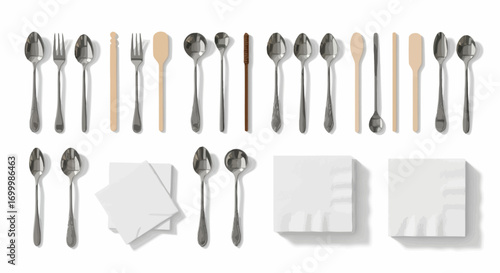Tableware Arrangement Featuring Silverware, Wooden Utensils, and Napkins for Catering, Event Planning, or Food Service Visuals