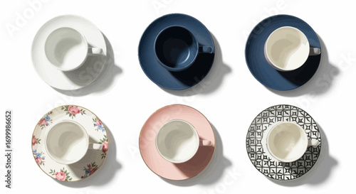 Elegant Collection of Tea Cups and Saucers Displayed in a Neat Grid Arrangement on White Background for Beverage Presentation and Tableware Design
