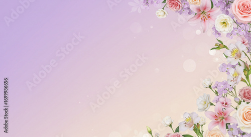Illustration of soft pastel floral border with delicate flowers and bokeh effect